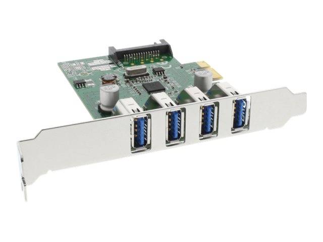 Interne Erweiterungskarte mit vier blauen USB 3.0-Anschlüssen auf einer weißen Halterung, dargestellt auf weißem Hintergrund.
