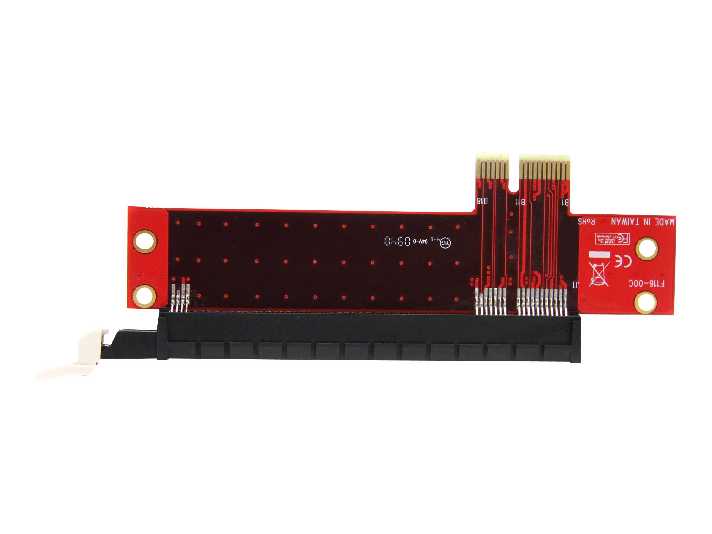 Rotes M.2-Adapterkarteboard mit schwarzem Kantenverbinder und vergoldeten Kontakten, dargestellt auf weißem Hintergrund.
