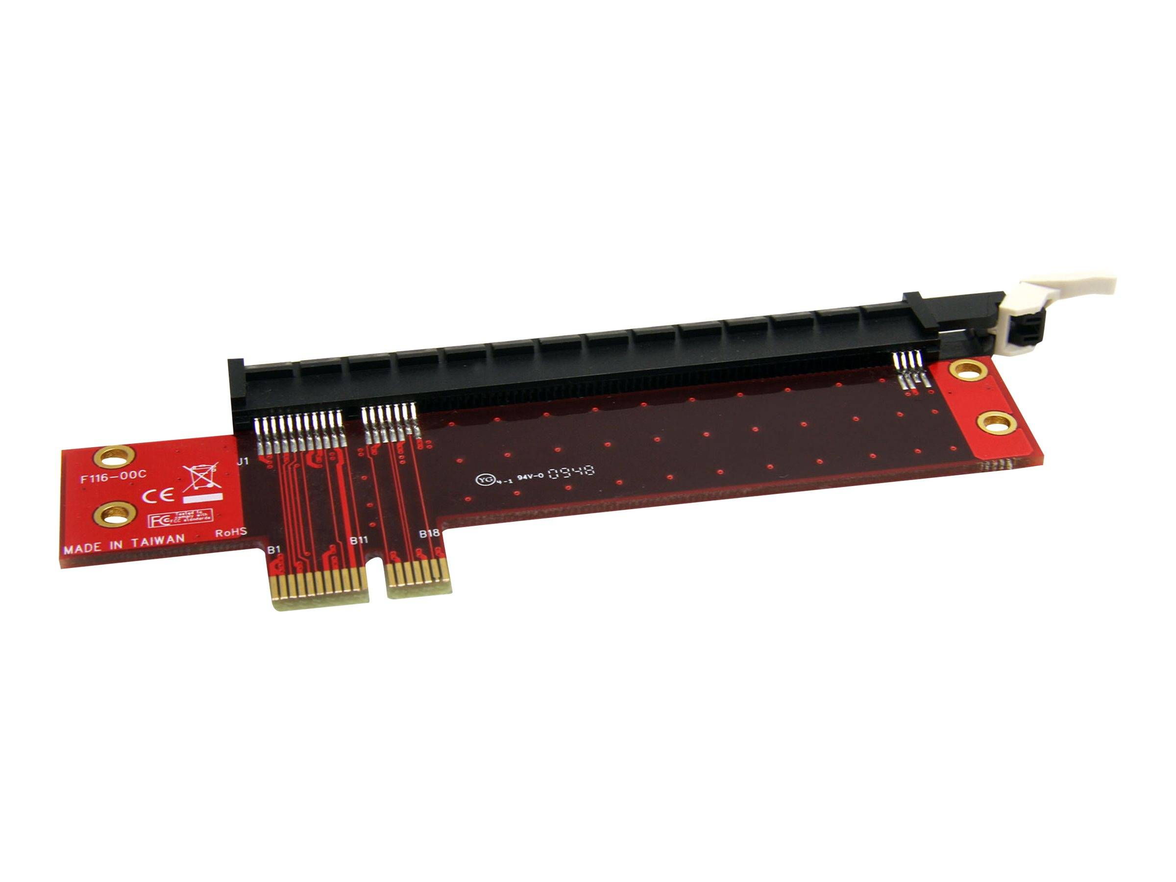 Rote PCIe-Riser-Erweiterungskarte mit langem schwarzem Steckverbinder und vergoldeten Kontakten auf weißem Hintergrund.