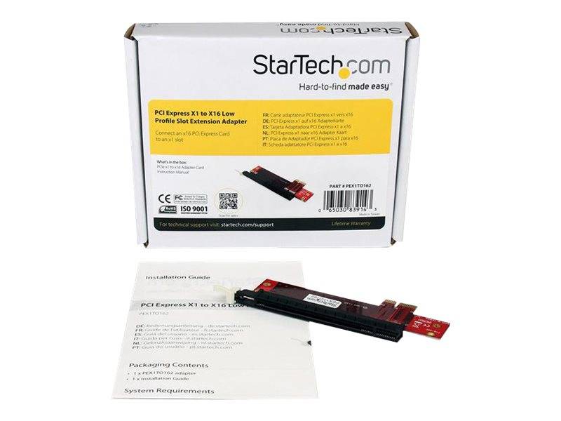 StarTech.com PCI Express x16 zu x16 Low-Profile-Slot-Erweiterungsadapter, abgebildet mit seiner Einzelhandelsverpackung, Adapterkarte und Installationsanleitung.