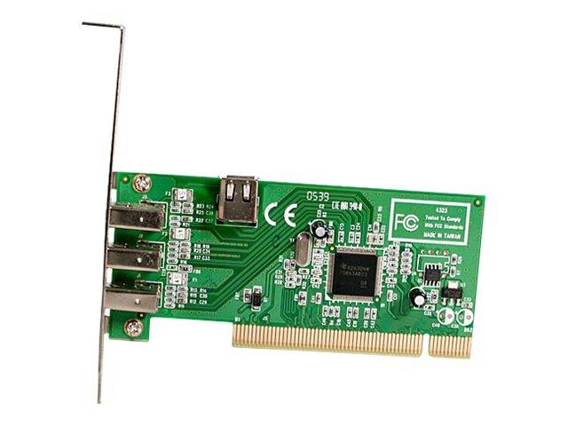 Grüne PCI-Erweiterungskarte mit drei USB-Anschlüssen, auf einer Metallhalterung montiert, auf weißem Hintergrund dargestellt.