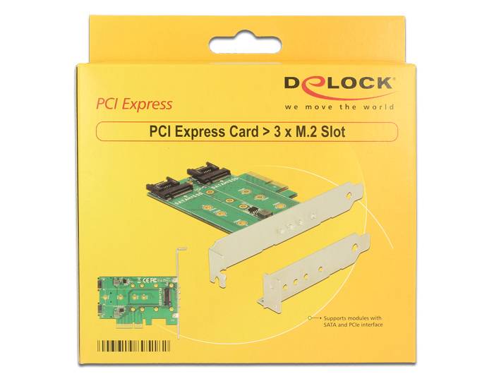 Verpackung für einen Delock PCI Express Karte zu 3 x M.2 Steckplatz Adapter, zeigt die Karte, zwei Metallhalterungen und PCI Express Kennzeichnung.
