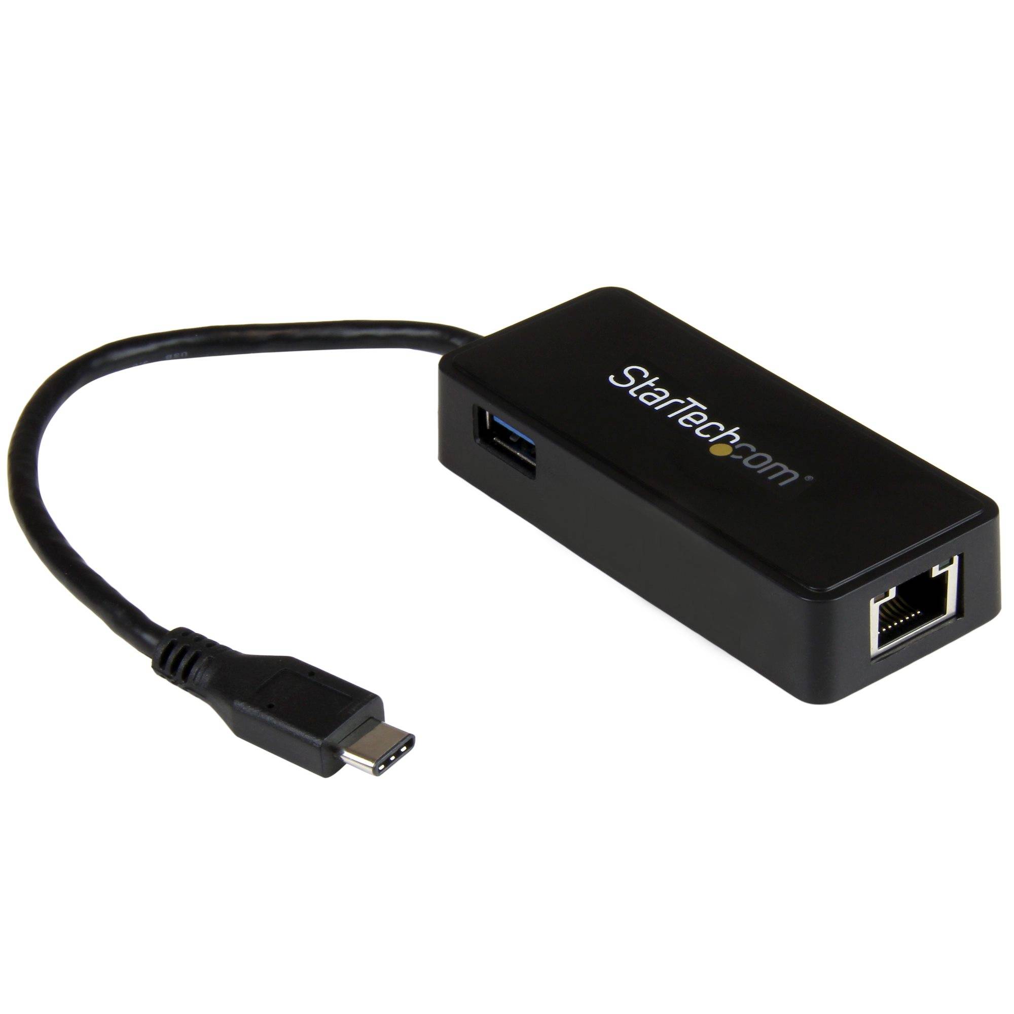 USB-C-zu-Ethernet-Adapter mit USB-A-Anschluss, Marke StarTech.com, auf weißem Hintergrund gezeigt