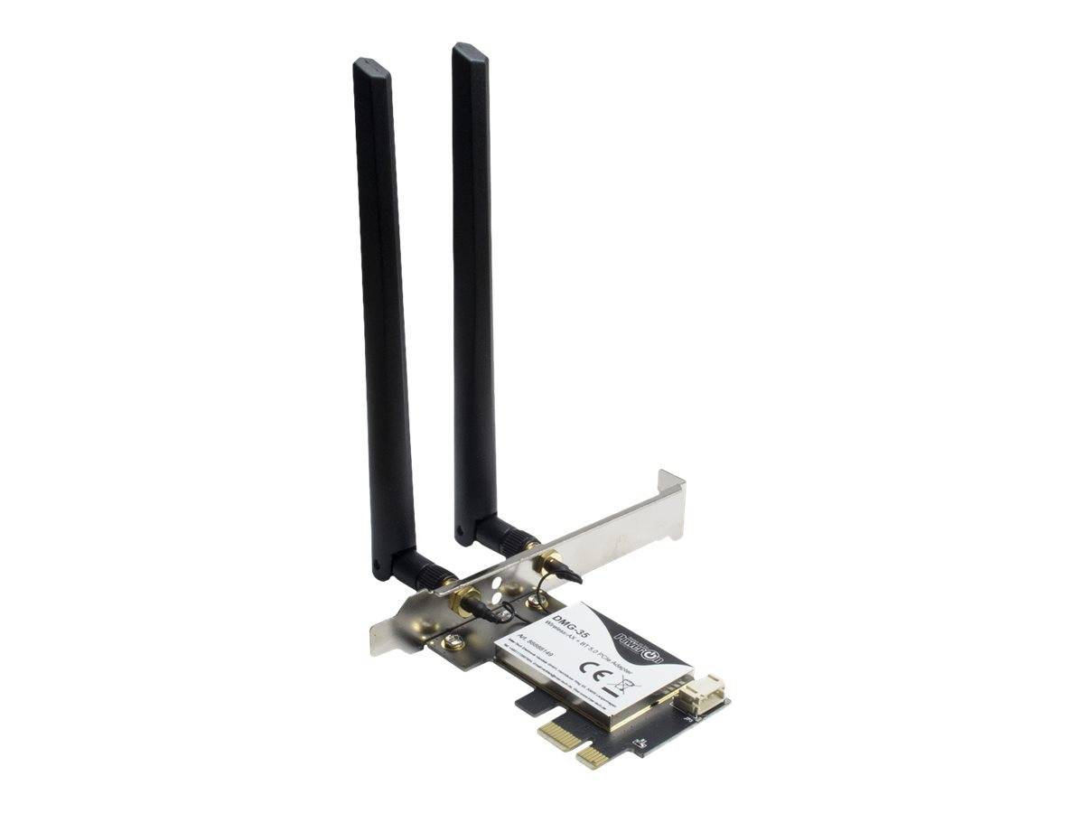Drahtloser PCIe-Adapterkarte mit zwei hohen schwarzen Antennen auf weißem Hintergrund.