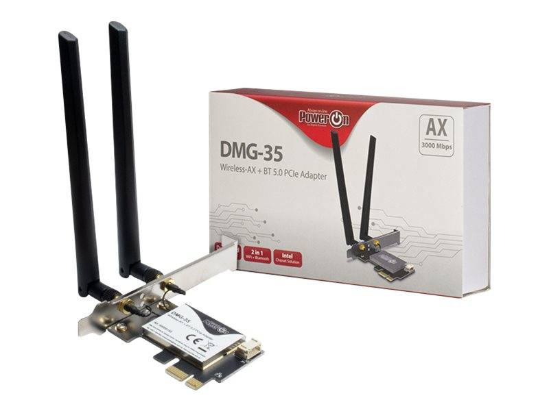 Wireless AX+BT PCIe-Adapterkarte mit zwei Antennen, dargestellt neben ihrer DMG-35-Produktbox.