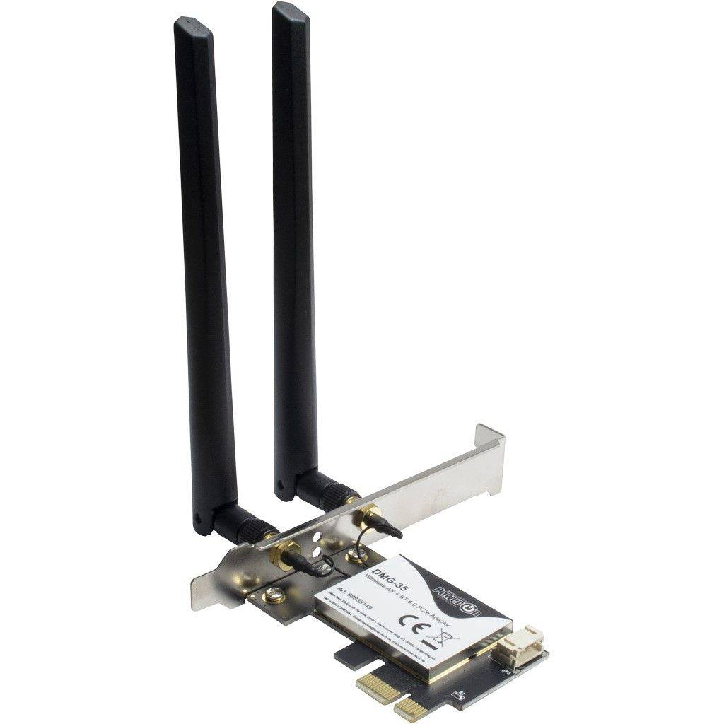 PCIe-Wi-Fi-Adapterkarte mit zwei hohen schwarzen Antennen und einem kleinen, auf einer Metallhalterung montierten Wireless-Modul.