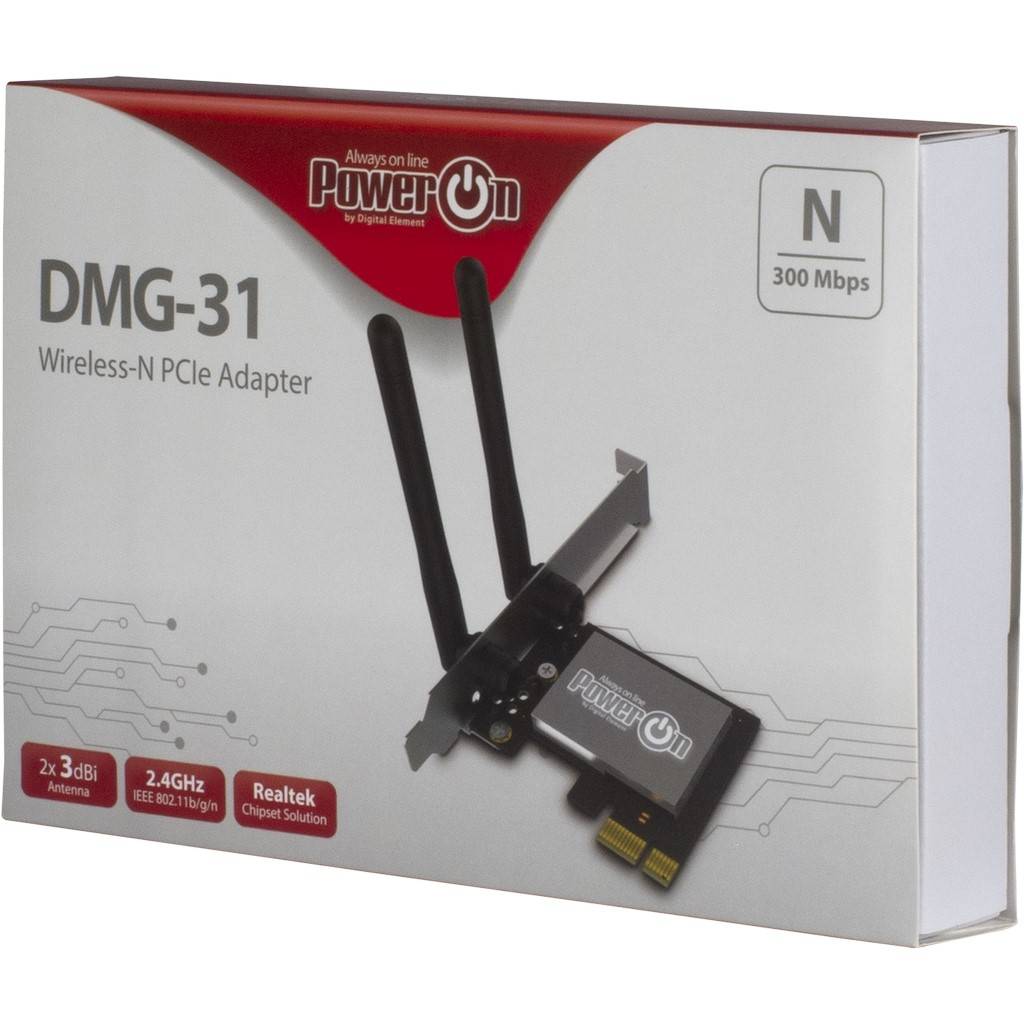 Produktbox für einen PowerOn DMG-31 Wireless-N PCIe-Adapter, gekennzeichnet mit N 300 Mbps, mit zwei Antennen und Realtek-Chipset.