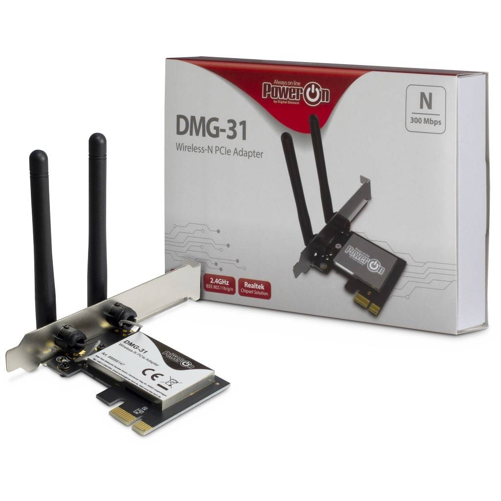 Wireless-N PCIe-Adapterset mit zwei Antennen, Metallhalterung und Produktverpackung mit Kennzeichnung DMG-31, 300 Mbps.