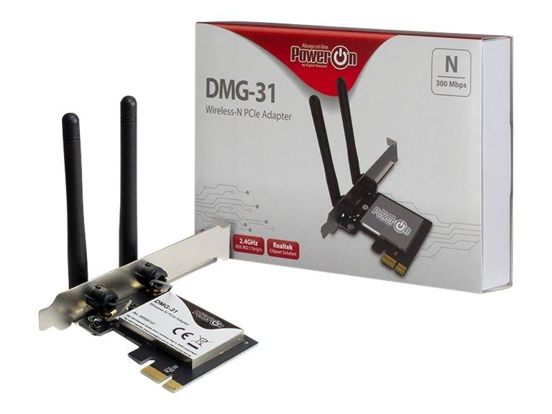 Wireless-N-PCIe-Adapter-Kit mit zwei Antennen und einer Produktbox mit der Bezeichnung „DMG-31" und „300 Mbps"".