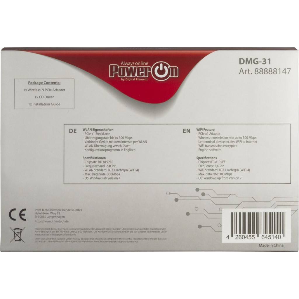 Rückseite einer PowerOn DMG-31 Wireless N PCI Adapter-Verpackung, die den Inhalt, die Funktionen, die Spezifikationen, den Barcode und die Zertifizierungen zeigt.