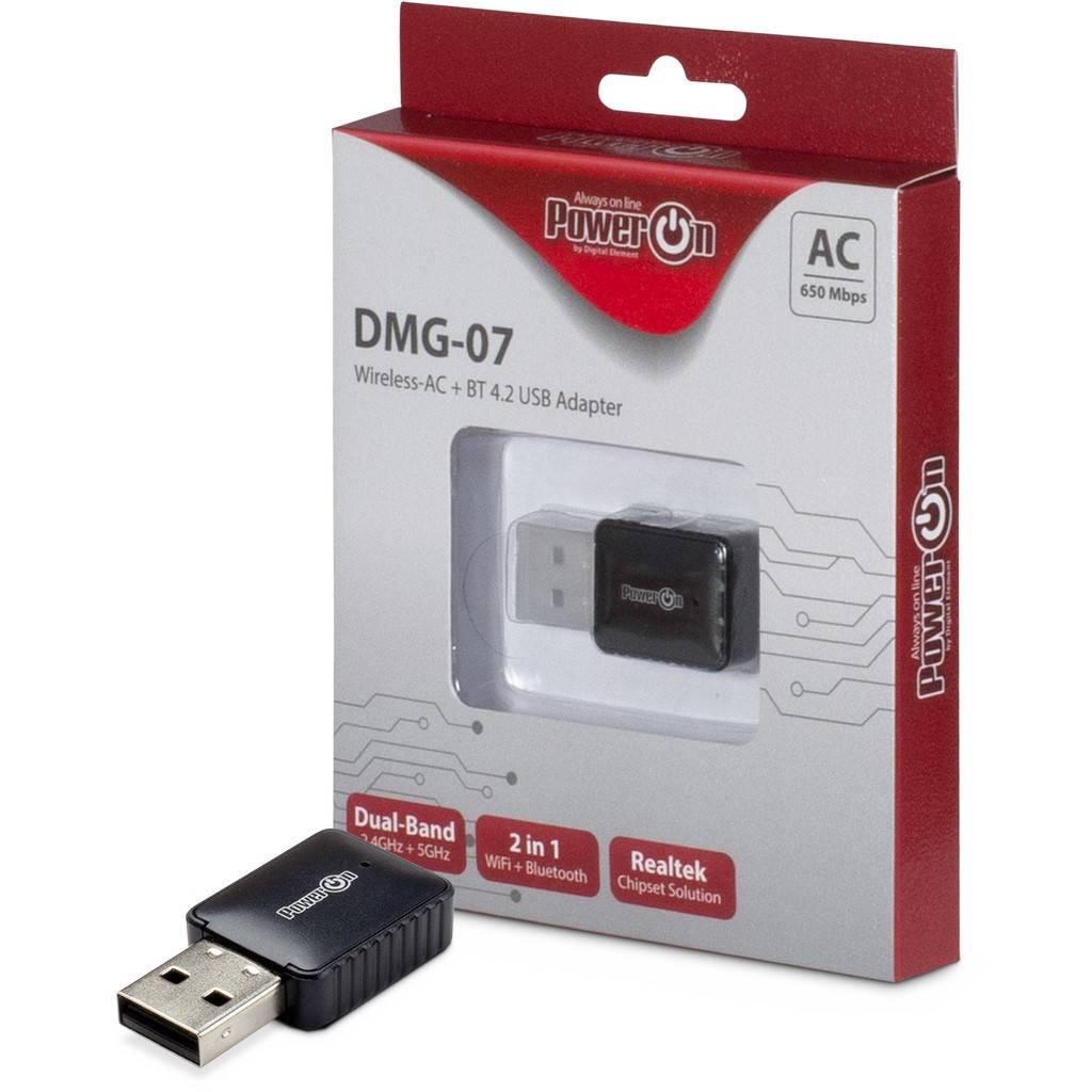 Verpackter Wireless-AC + BT 4.2 USB-Adapter, Modell DMG-07, mit Dual-Band-Wi-Fi und Realtek-Chip, abgebildet mit dem USB-Dongle.