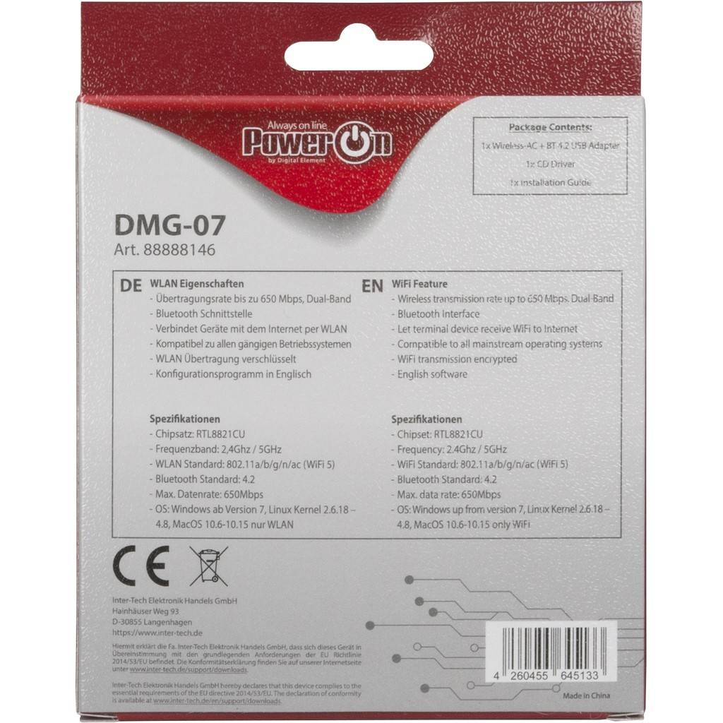 Vorderseite einer Power On DMG-07 Wireless USB Adapter Verpackung mit Wi-Fi Funktionen und Spezifikationen in Deutsch und Englisch.