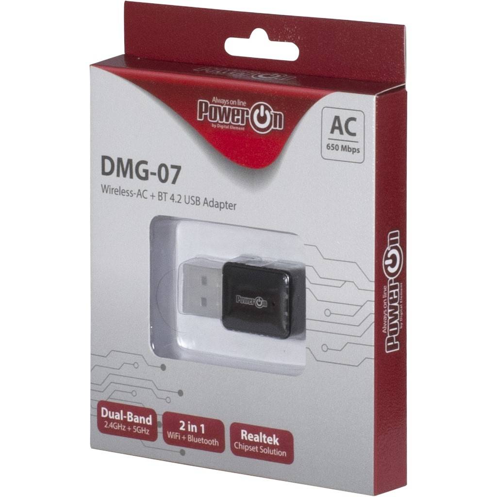 Produktbox für einen DMG-07 Wireless-AC + BT 4.2 USB-Adapter, gekennzeichnet mit AC 650 Mbps, Dual-Band 2,4GHz+5GHz und 2-in-1 WiFi + Bluetooth.