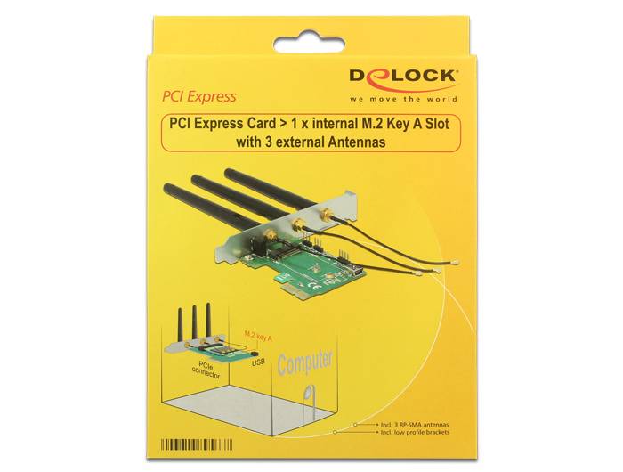 DeLOCK PCI Express Card > 1 x internal M.2 Key A Slot with 3 external Antennas
