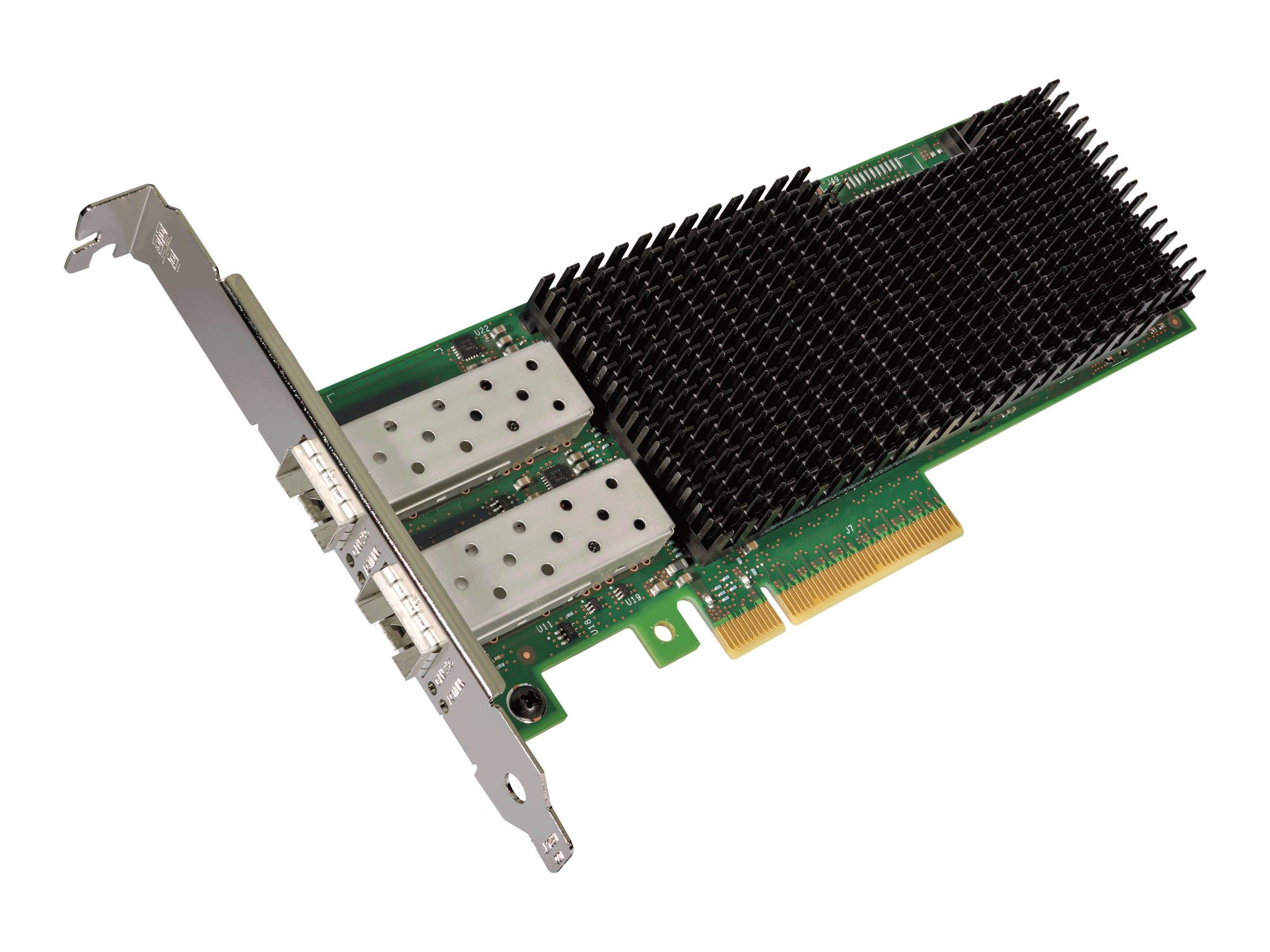 PCIe-Erweiterungskarte mit zwei Metallports und einem großen schwarzen Kühlkörper, isoliert auf weißem Hintergrund dargestellt.
