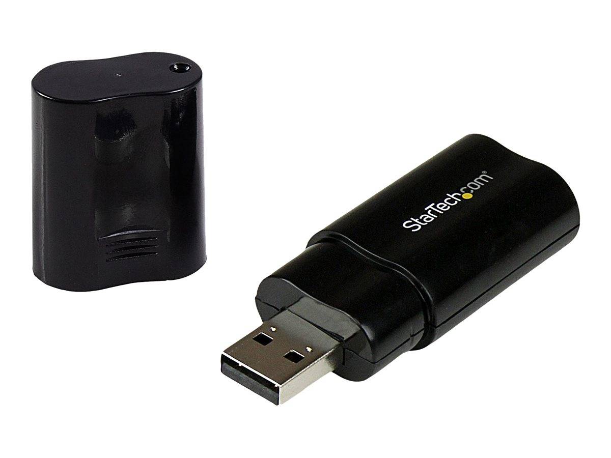Schwarzes USB-Flash-Laufwerk mit abnehmbarer Kappe, neben der Kappe auf weißem Hintergrund abgebildet; StarTech.com-Logo auf dem Laufwerk sichtbar.