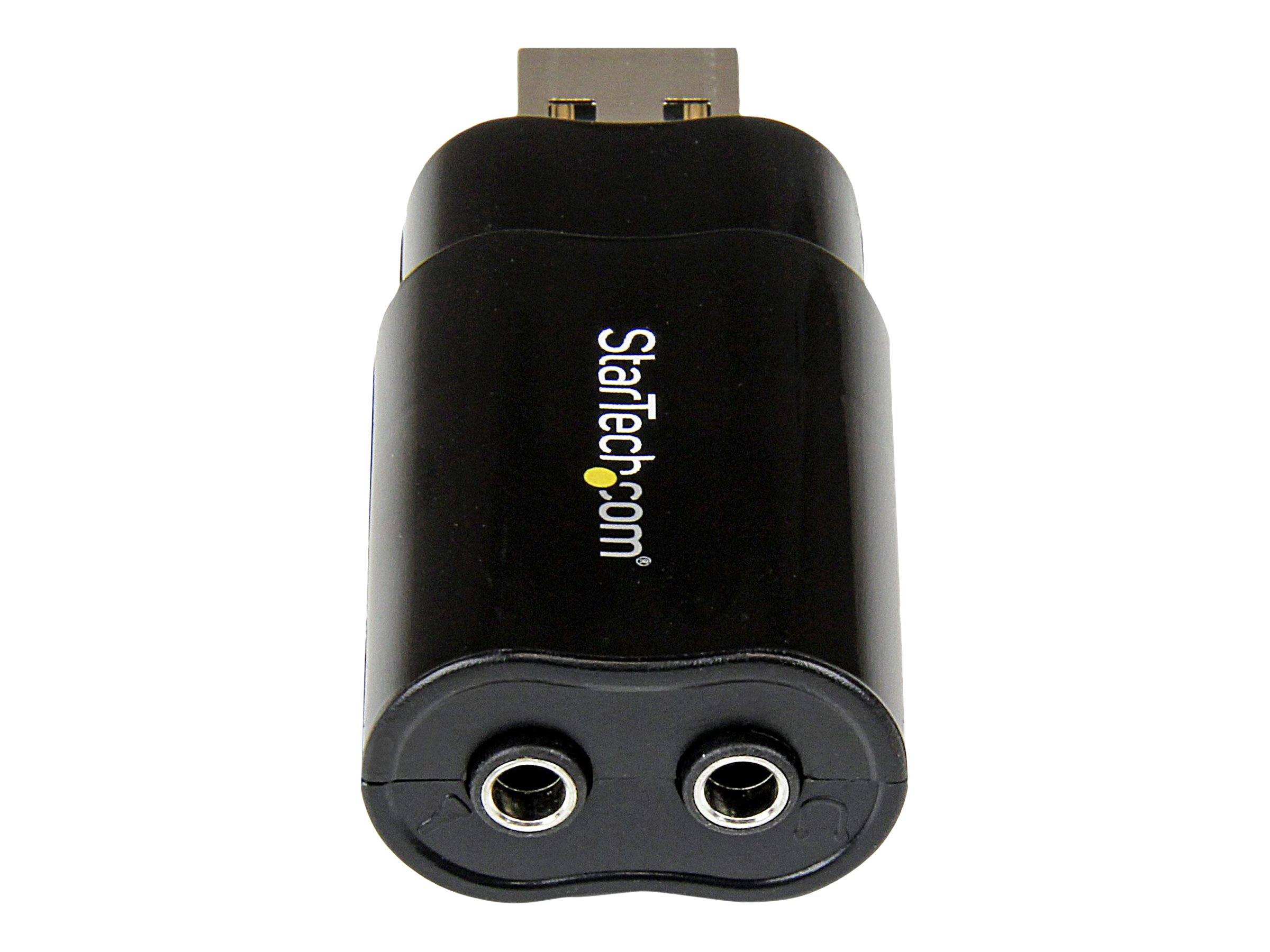 Schwarzer StarTech.com-Adapter mit HDMI-Stecker und zwei 3,5-mm-Audiobuchsen auf weißem Hintergrund.
