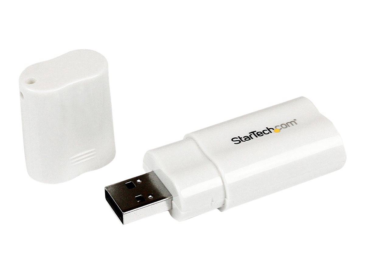 Weißes USB-Flash-Laufwerk mit abnehmbarer Kappe, dargestellt mit abgenommener Kappe, um den USB-Stecker freizulegen; StarTech.com-Logo auf dem Gehäuse.
