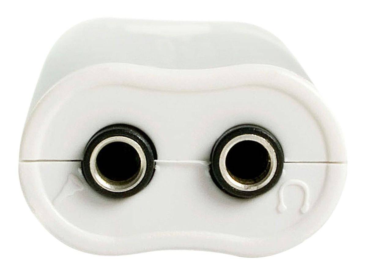 Weißer Kunststoff-Audioadapter mit zwei kreisförmigen weiblichen Buchsenanschlüssen, wahrscheinlich ein Kopfhörer-Splitter für zwei Geräte.