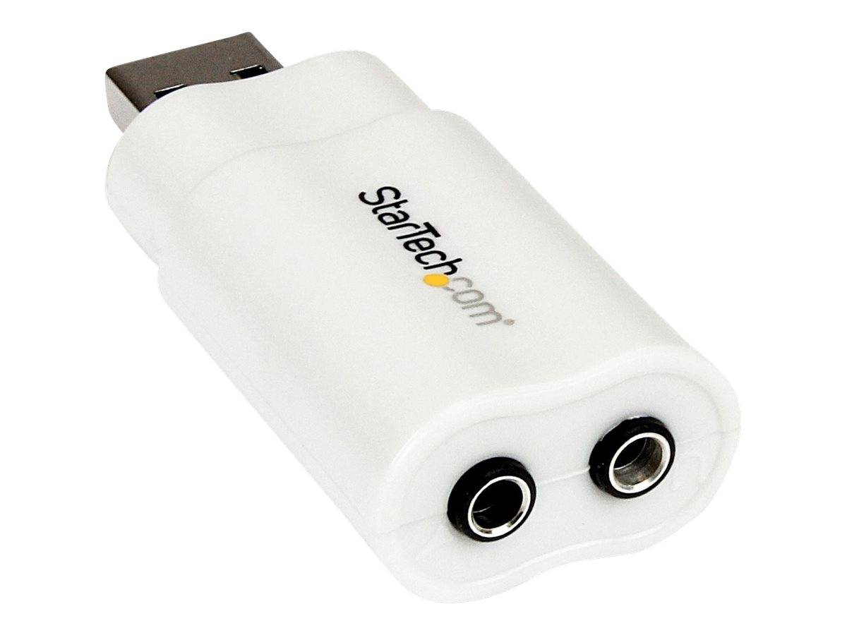 White StarTech USB-Adapterdongle mit männlichem USB-Stecker und zwei weiblichen Audiobuchsen am Ende.