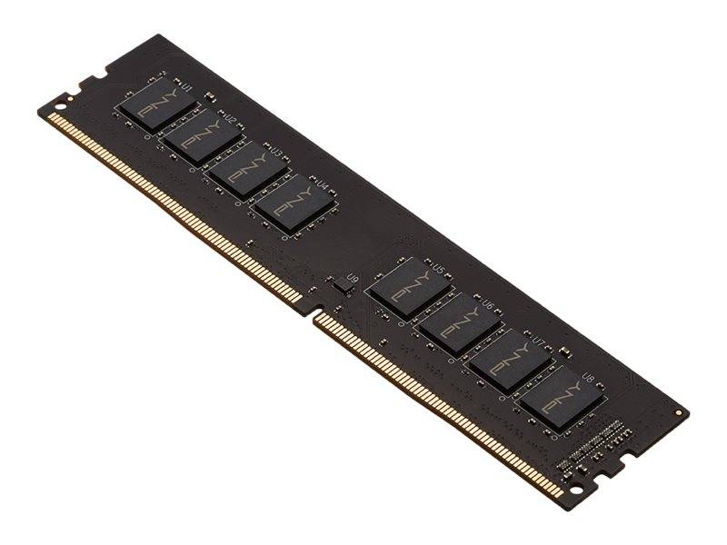 Ein schwarzes Computerspeicher-RAM-Modul mit mehreren PNY-Chips auf weißem Hintergrund.