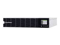 Vorderansicht einer in ein Rack einbaubaren USV von CyberPower mit digitaler Anzeige und Bedientasten auf weißem Hintergrund.