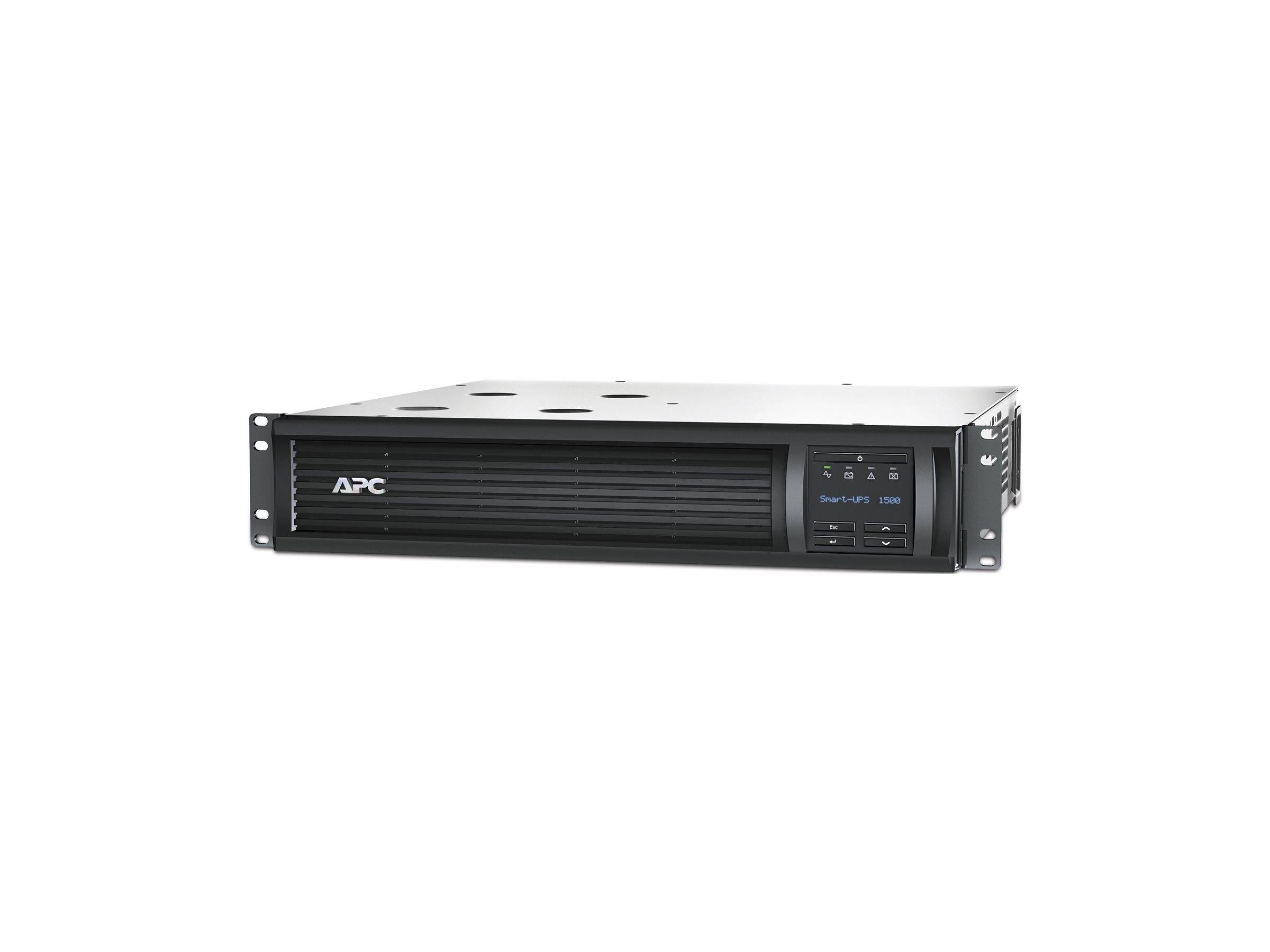 Ein dunkler APC Smart-UPS Rack-Netzteile mit Überspannungsschutz, ausgestattet mit einem Bildschirm und Bedienungstasten auf der rechten Seite.