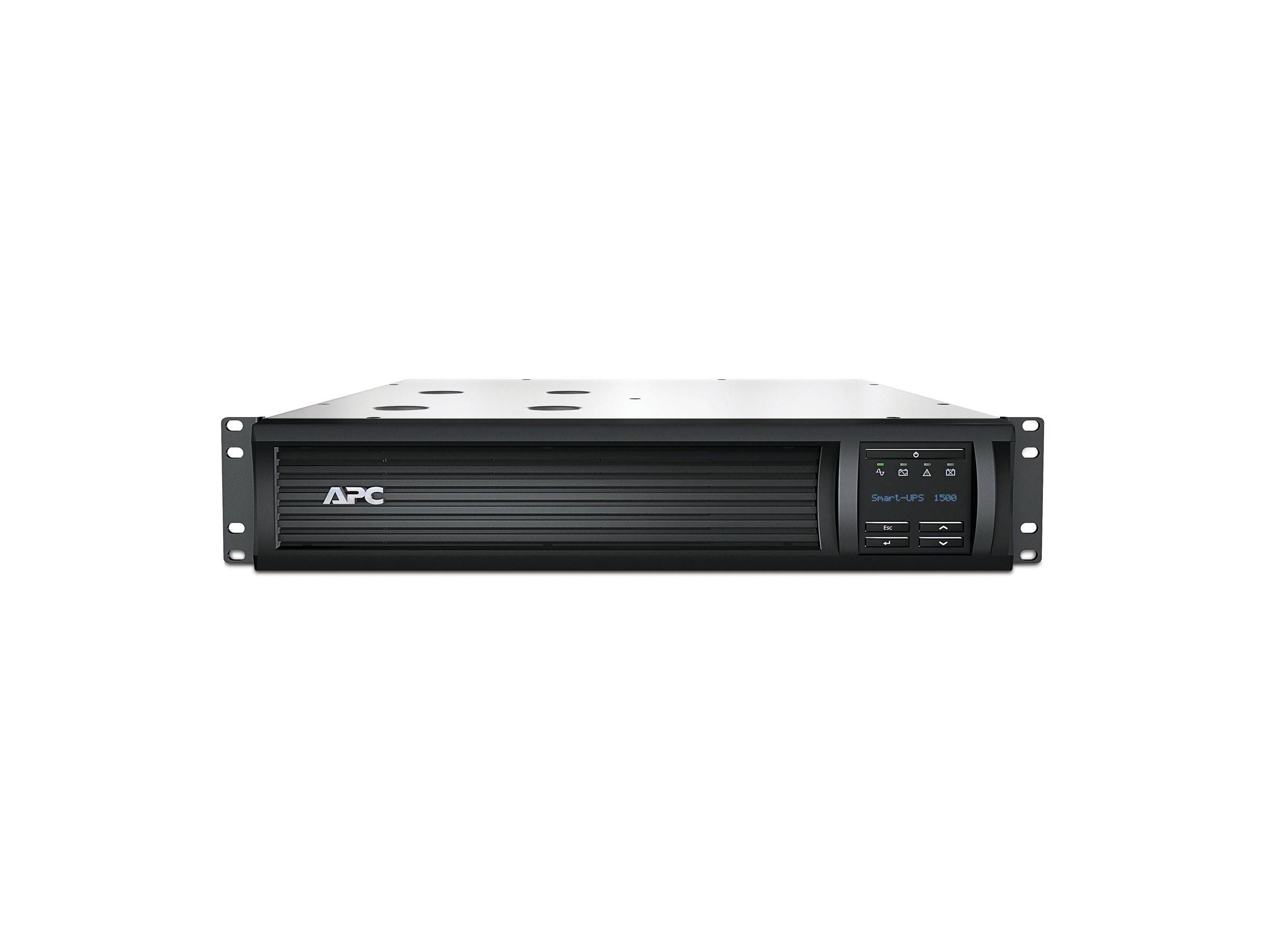 Eine schwarze APC Smart-UPS 1500VA Notstromversorgung, konzipiert für Rack-Installationen, mit sichtbarem Bedienfeld und Logo auf der Vorderseite.
