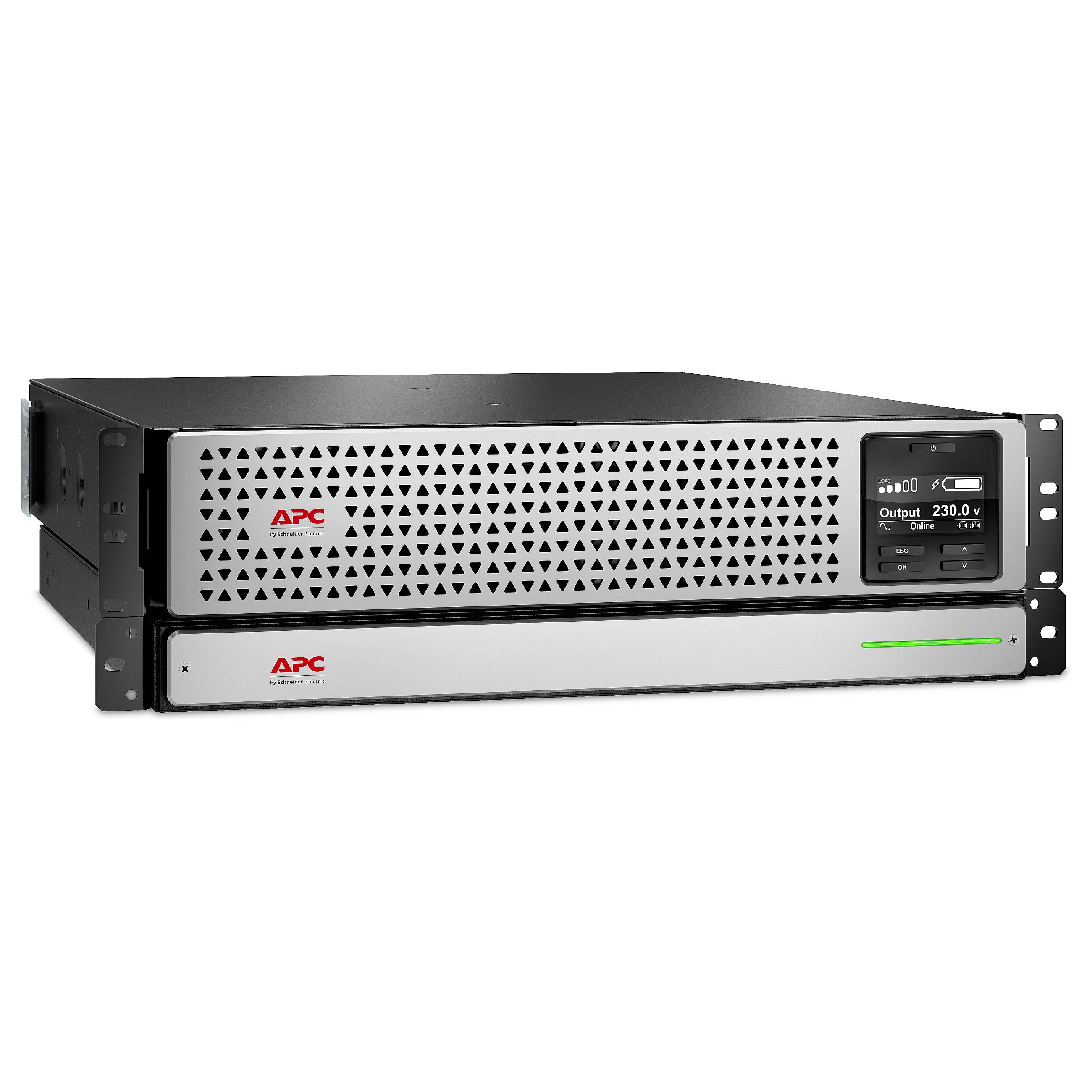 Rack-montiertes APC-Stromausfallsicherungssystem mit Frontanzeige, die eine Ausgangsspannung von 230,0 V anzeigt, und ein unteres Modul mit grüner Statusanzeige.