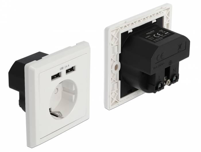 DeLOCK 11471, CEE 7/3 + USB, CEE 7/4, Weiß, Kunststoff, 250 V, 0,2 A