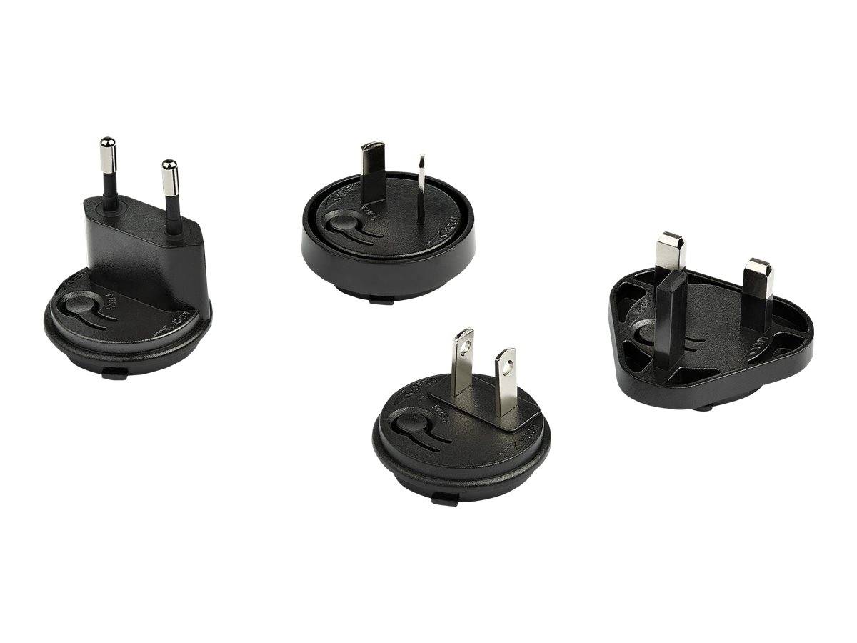 Vier austauschbare Steckdosenadapter mit unterschiedlichen Stiftkonfigurationen auf weißem Hintergrund.
