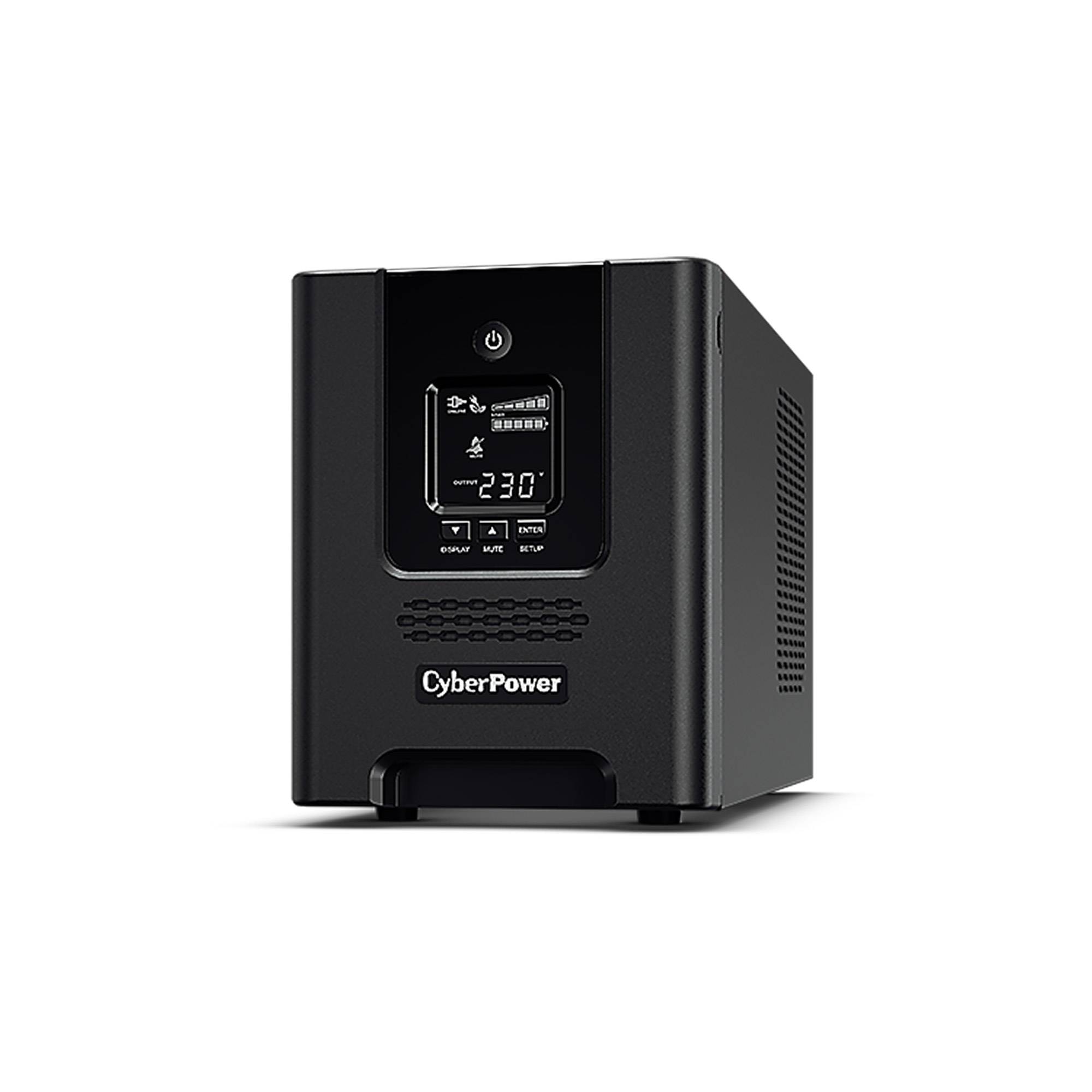 Schwarze CyberPower-Unterbrechungsfreie Stromversorgung mit vorderer LCD-Anzeige, die den Status und 230 Volt anzeigt.