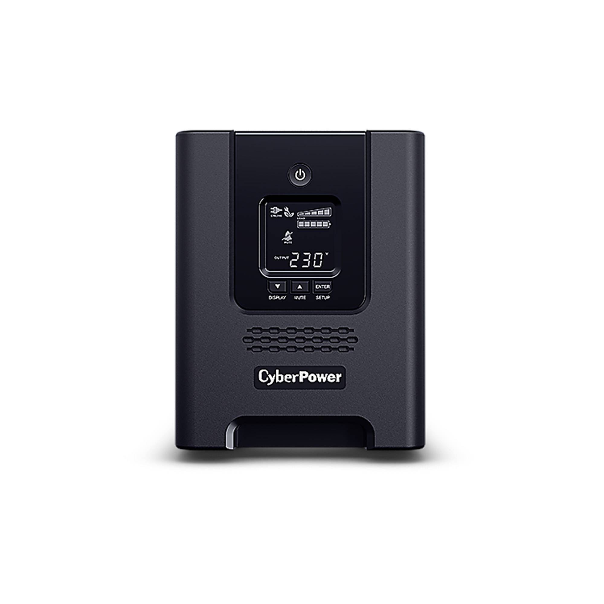 Vorderansicht einer CyberPower USV-Batterienotstromversorgung mit digitaler Anzeige, die den Stromstatus und eine 230-V-Ausgabe anzeigt.