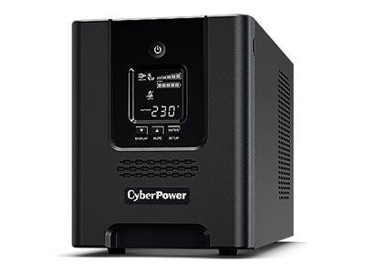 Schwarze CyberPower USV-Batteriesicherung mit frontalem LCD-Display und Stromschalter, dargestellt in angewinkelter Produktansicht.