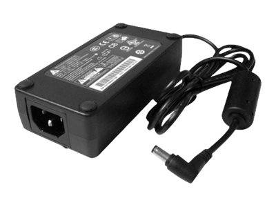 Schwarzer Laptop-Stromanschluss mit angebrachtem Kabel und Winkelstecker-Anschluss.