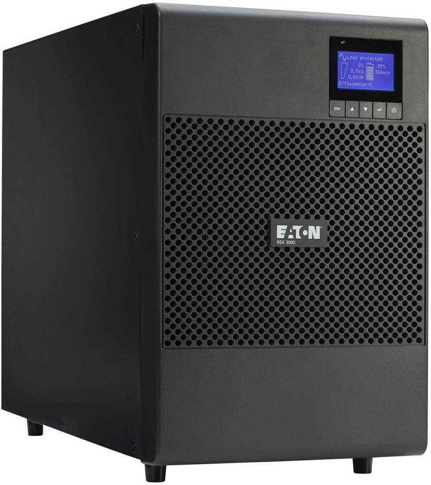 Ein schwarzes Eaton 9SX 3000 USV-Gerät mit einem Frontdisplay, das Statusinformationen anzeigt, entwickelt zum Schutz elektronischer Ausrüstung.