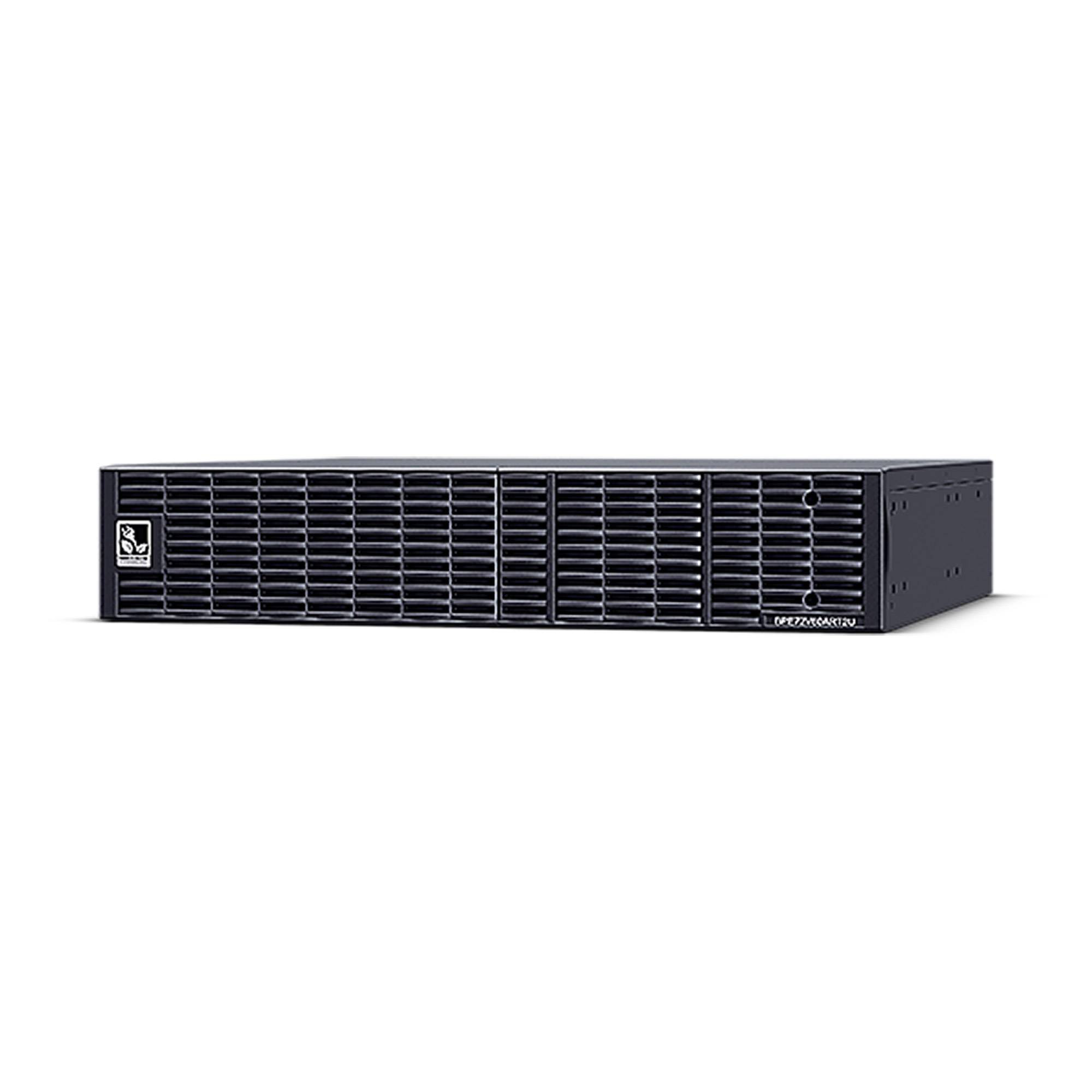 Schwarzes Rack-Mount-Server- oder USV-Gerät mit vorderer Belüftungsgitter und kleinem Logo auf der linken Seite, dargestellt auf weißem Hintergrund.