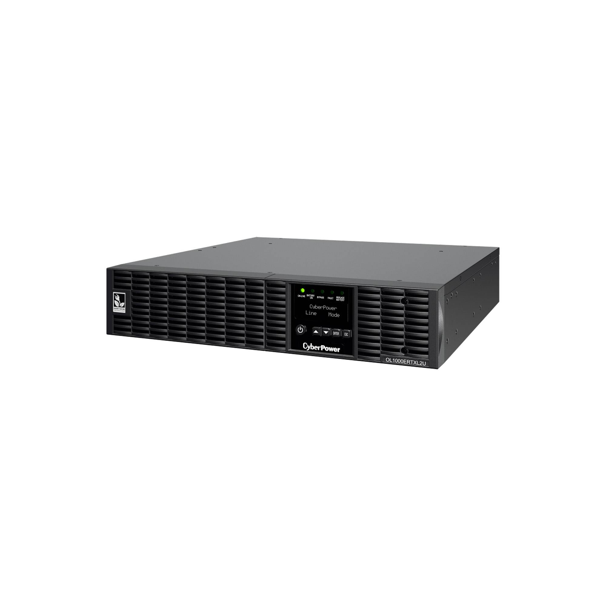 Schwarzes CyberPower-Rackmount-USV mit Frontdisplay und Lüftungsöffnungen auf weißem Hintergrund.
