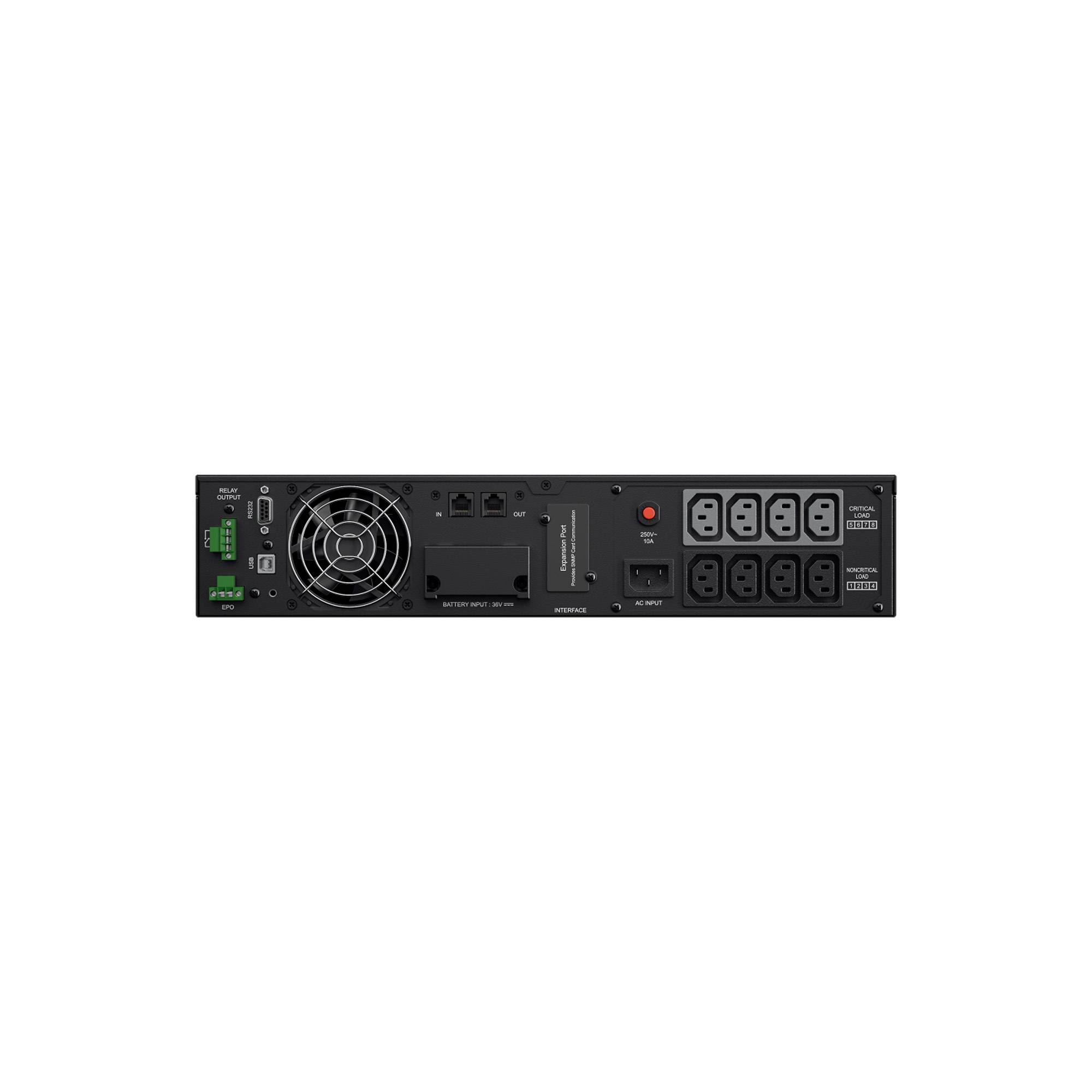 Rückseite eines Rack-montierten Stromversorgungsgeräts mit Kühlventilator, Steuerungsanschlüssen, rotem Netzschalter und acht AC-Steckdosen