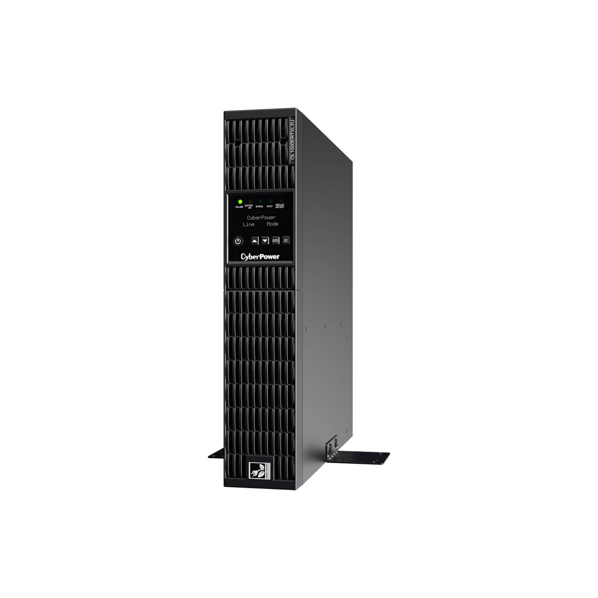 Schwarzer CyberPower-Turm mit unterbrechungsfreier Stromversorgung mit frontalem Anzeigefeld, aufrecht auf weißem Hintergrund dargestellt.