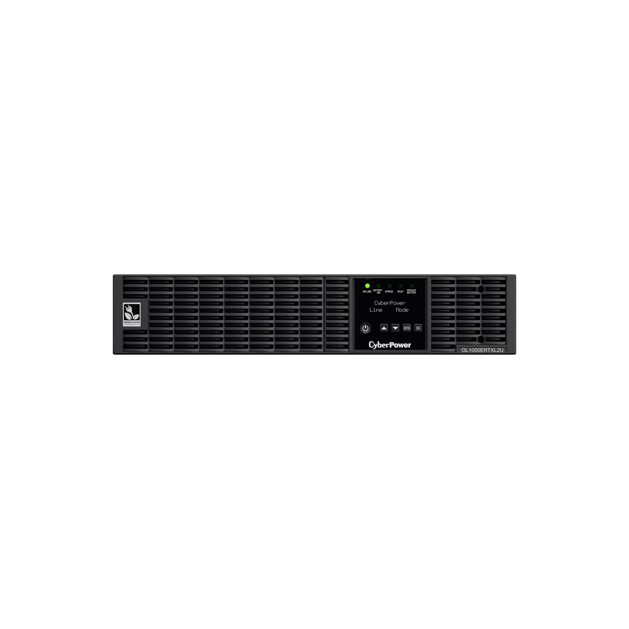 Vorderansicht einer CyberPower-Rackmount-Unterbrechungsfreien Stromversorgung mit vorderen Lüftungsgittern, Statusanzeige und Steuertasten.