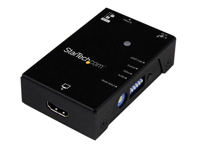 Black StarTech.com AV switch box mit HDMI-Eingang, Schaltflächen und Status-LEDs auf der Oberseite.