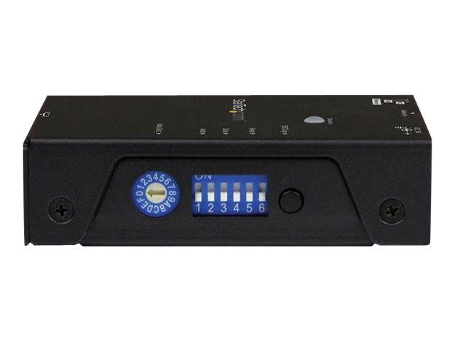 Schwarzes elektronisches Gerät mit einem blauen 6-stelligen DIP-Schalter und einem nummerierten Drehwählschalter auf der Frontplatte.