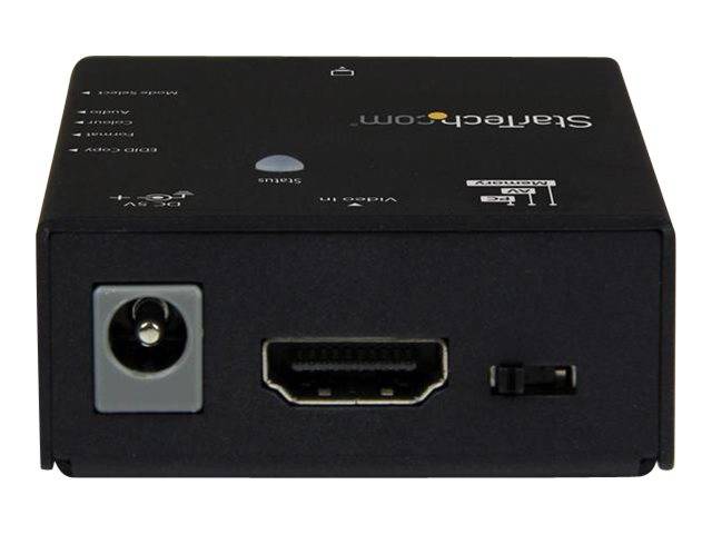Black StarTech.com Video-Scaler-Box mit Ansicht der vorderen Anschlüsse: Stromeingang, HDMI-Anschluss und ein Schalter.