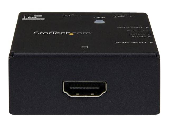 Black StarTech.com Videoadapterbox mit einem einzelnen HDMI-Anschluss auf der Vorderseite und Statusanzeigen oben.