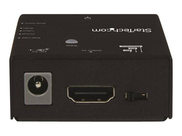 Frontansicht eines schwarzen StarTech-Geräts mit Stromeingangsbuchse, HDMI-Anschluss und kleinem USB-Anschluss, das das Hauptverbindungspanel zeigt.