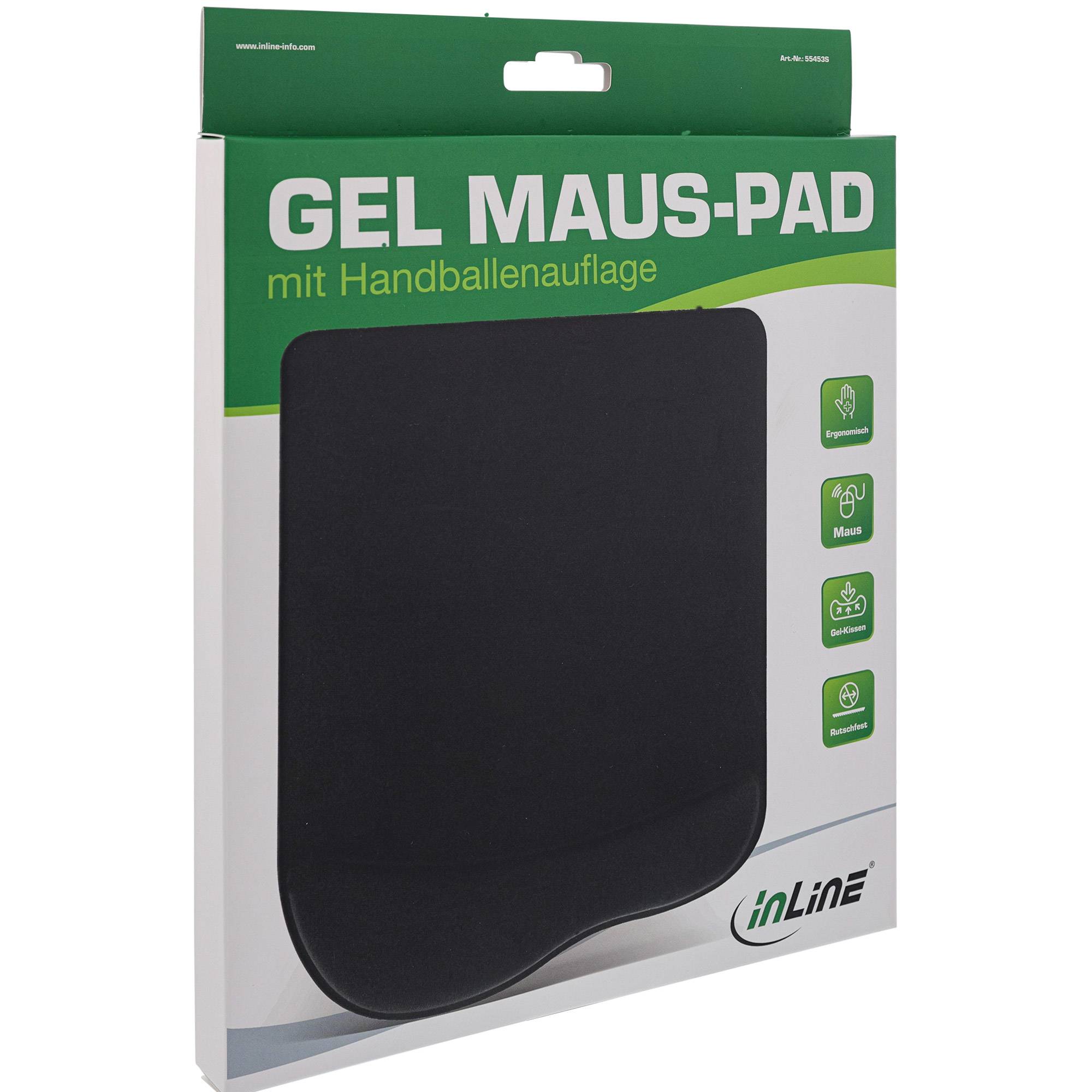 Produktverpackung für ein 'GEL MAUS-PAD' Mousepad mit Handgelenkstütze, dargestellt in grün-weißer Schachtel mit großem schwarzem Pad-Bild.