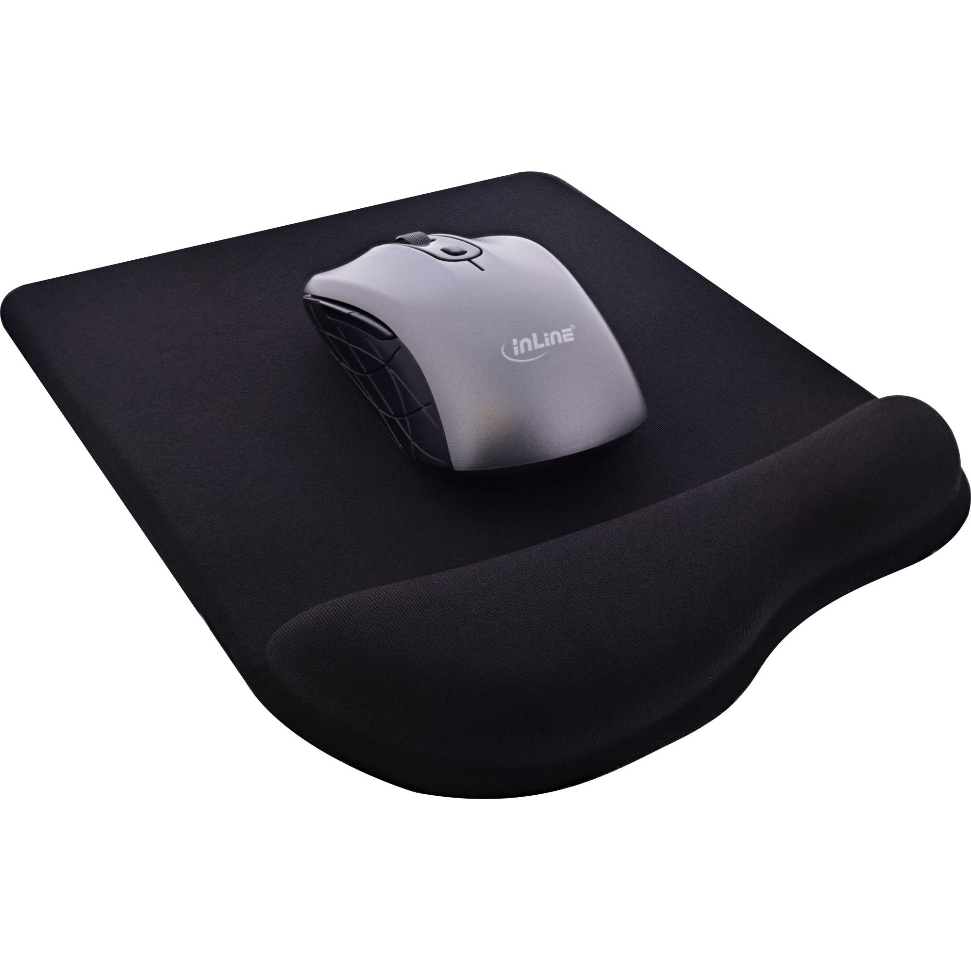 Schwarzes Mousepad mit gepolsterter Handgelenkstütze und einer silbernen Computermaus oben drauf