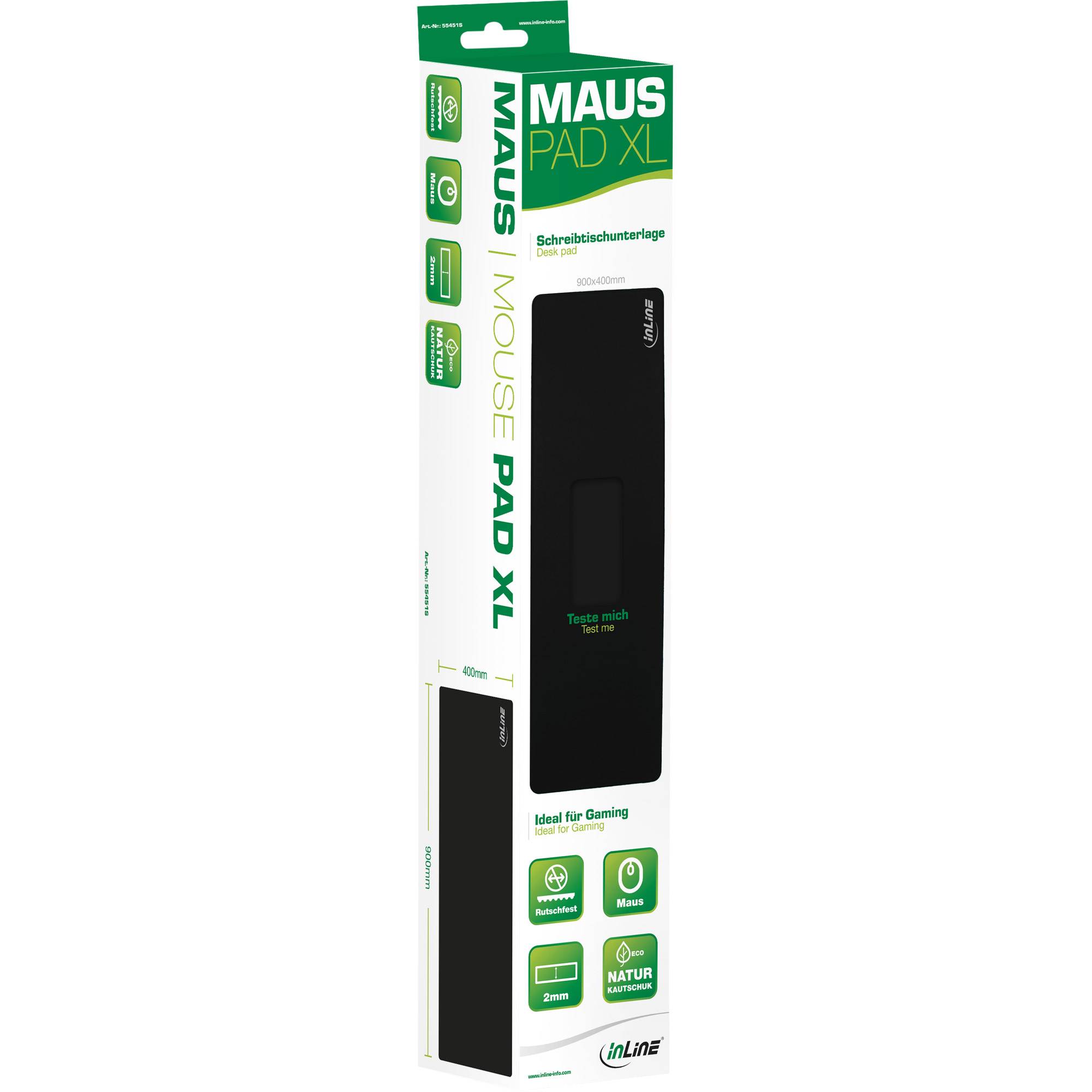 Verpackung für ein schwarzes MAUS PAD XL Mousepad, gezeigt in einer hohen weiß-grünen Einzelhandelsschachtel mit Produktmerkmalen und Branding.