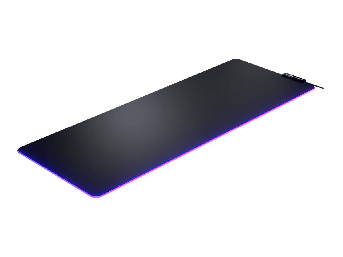 Schwarze rechteckige Gaming-Mauspad mit violetter LED-Beleuchtung entlang der Kante und Kabelverbindung an einer Ecke